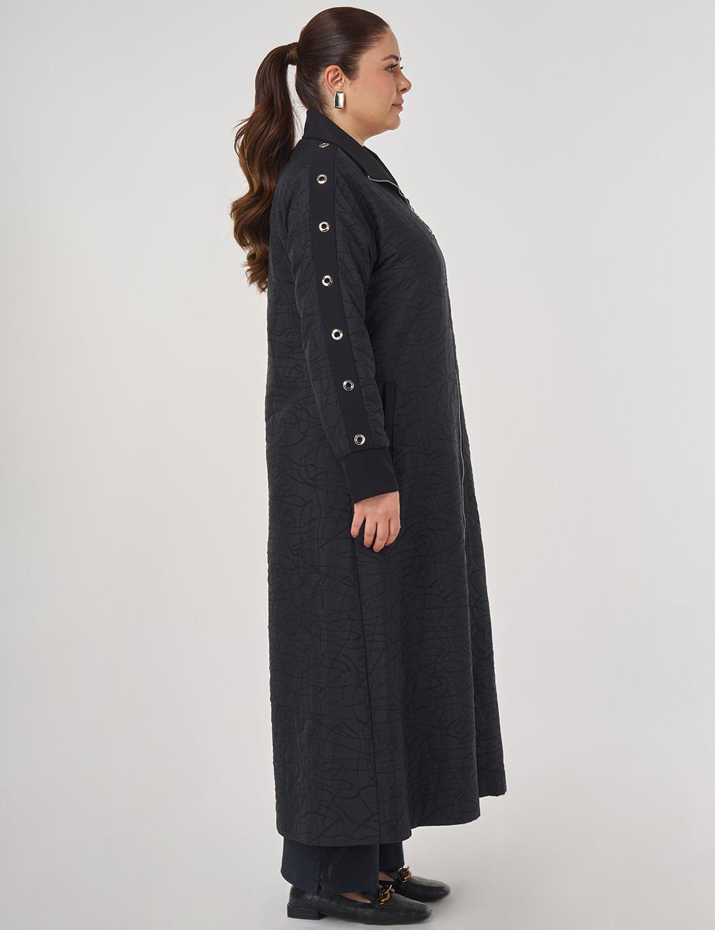 Embossed Pattern Stand Collar Coat in Black