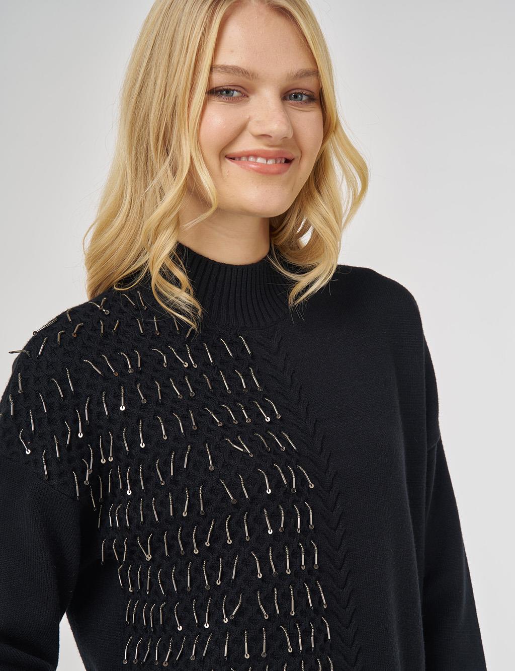 Örgü Detaylı Viskon Triko Tunik Siyah