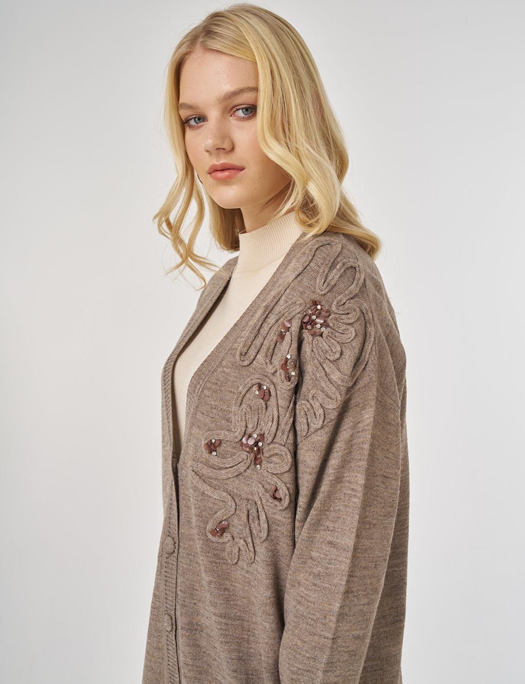 Sequin Detailed Knit Cardigan in Beige