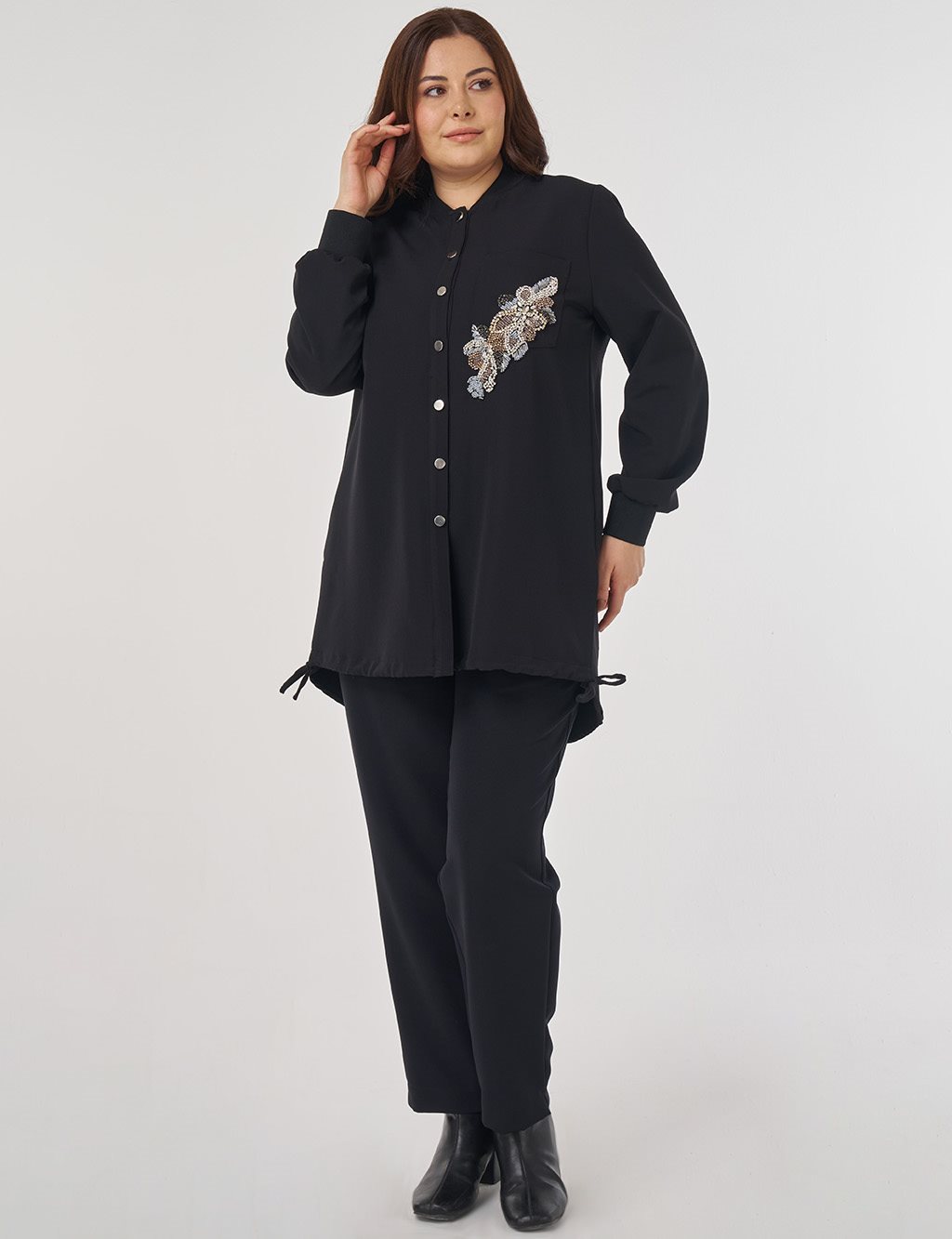 Taş İşlemeli Kolej Yaka Tunik Siyah 