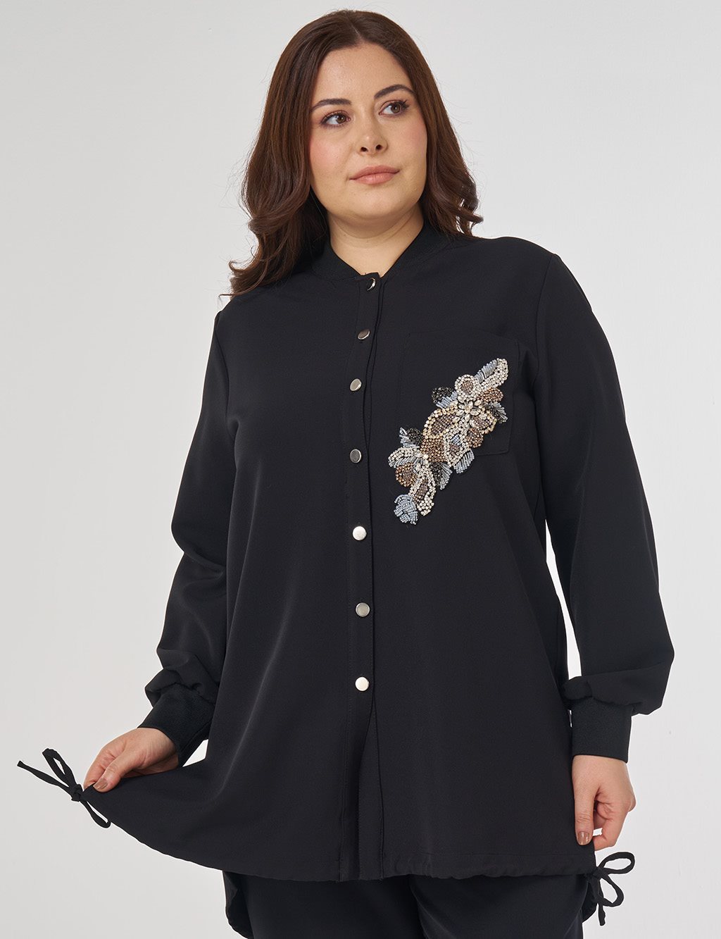 Taş İşlemeli Kolej Yaka Tunik Siyah 