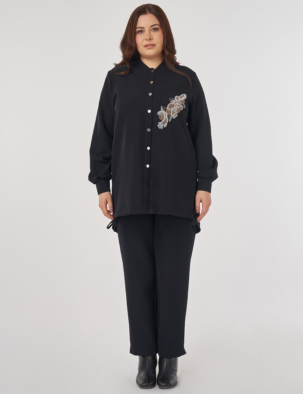 Taş İşlemeli Kolej Yaka Tunik Siyah 