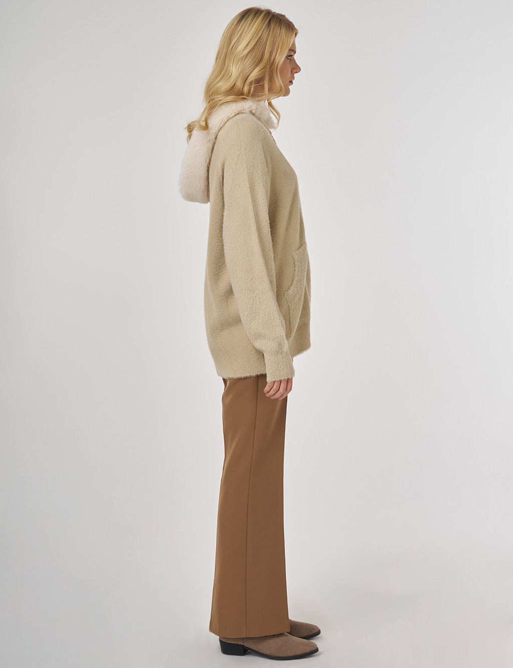 Faux Fur Hooded Knit Cardigan in Beige 