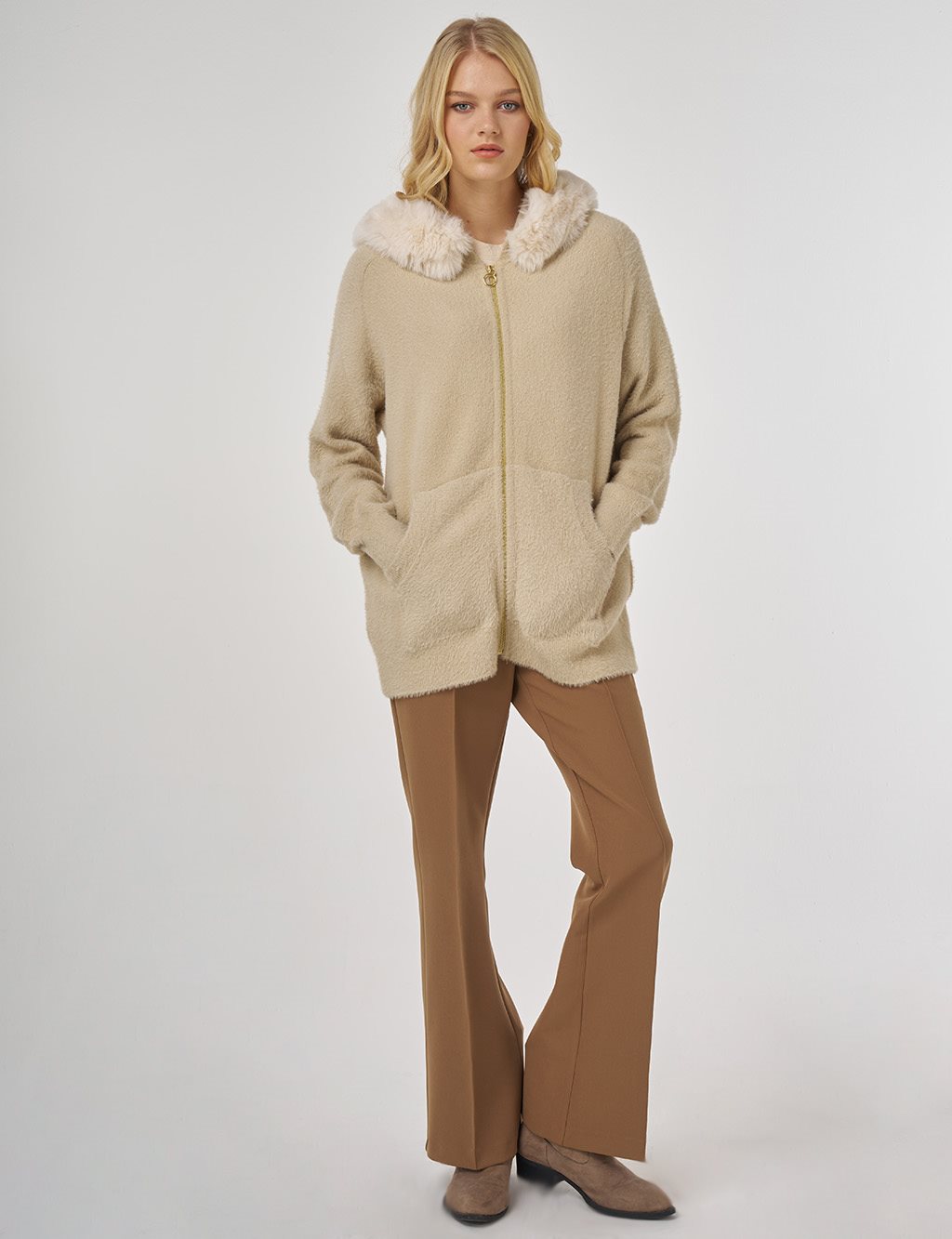 Faux Fur Hooded Knit Cardigan in Beige 