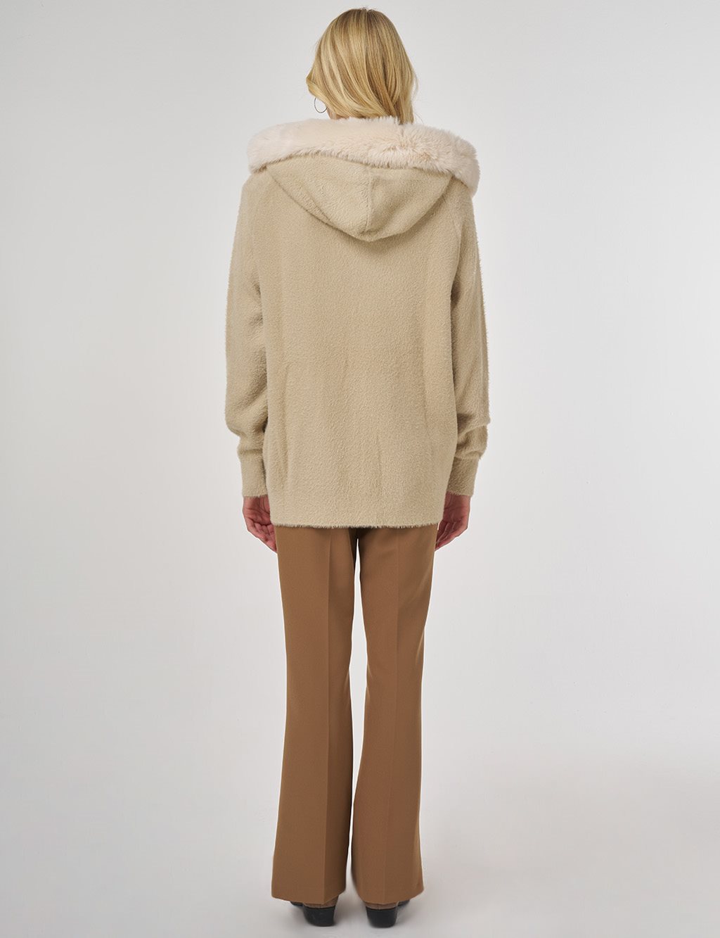 Faux Fur Hooded Knit Cardigan in Beige 