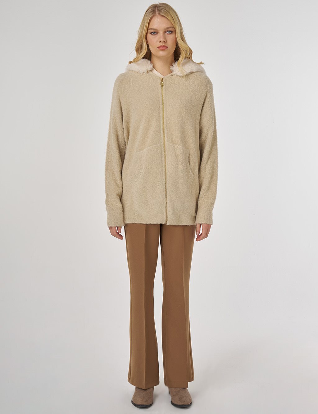 Faux Fur Hooded Knit Cardigan in Beige 