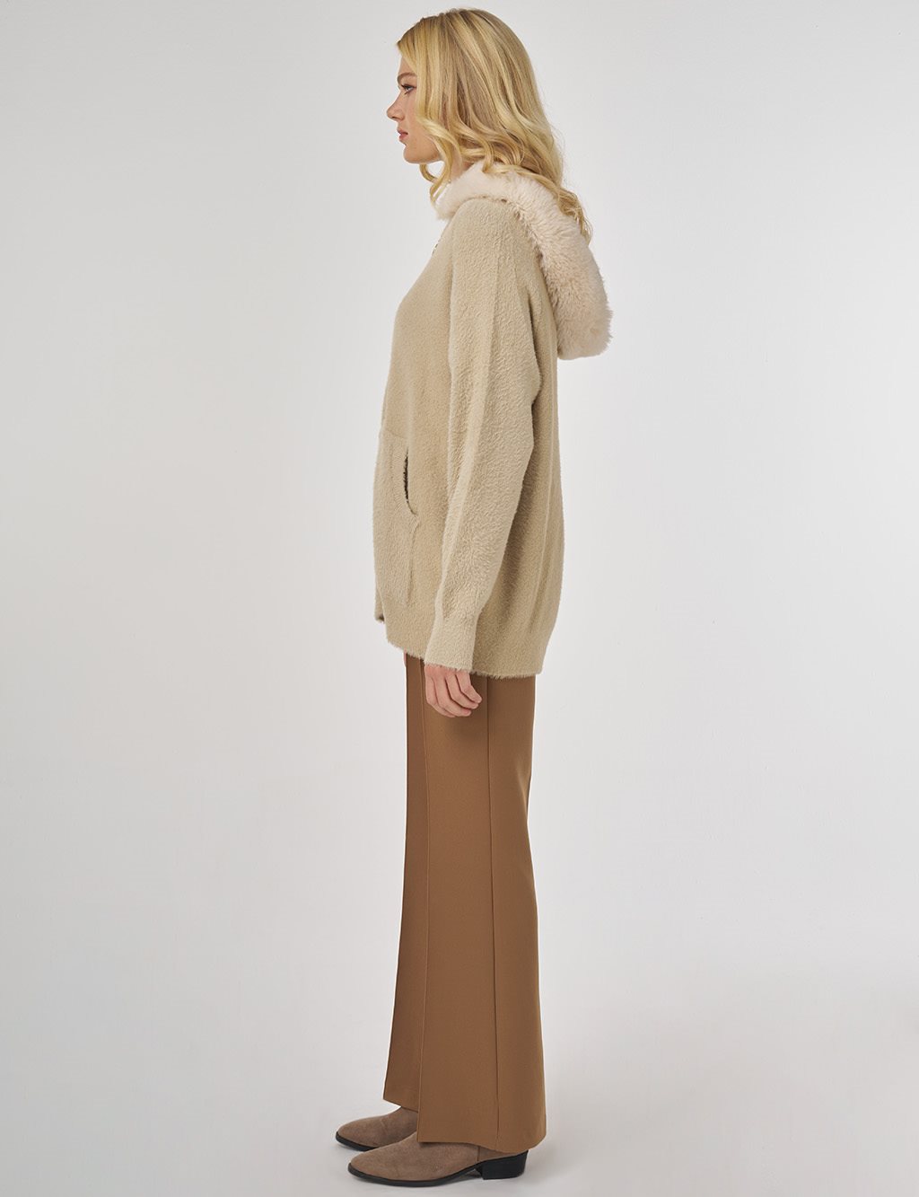 Faux Fur Hooded Knit Cardigan in Beige 