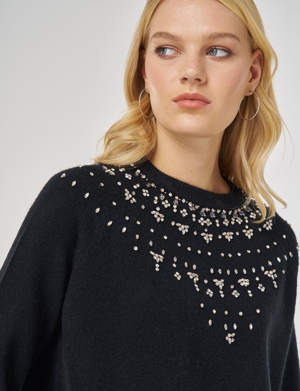 Stone Embroidered Knit Tunic in Black
