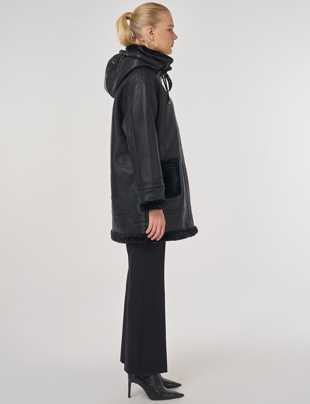 Faux Leather Coat with Belt Loops in Black