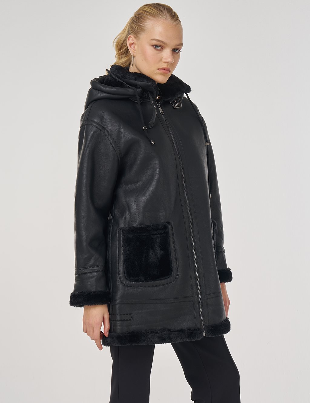 Faux Leather Coat with Belt Loops in Black