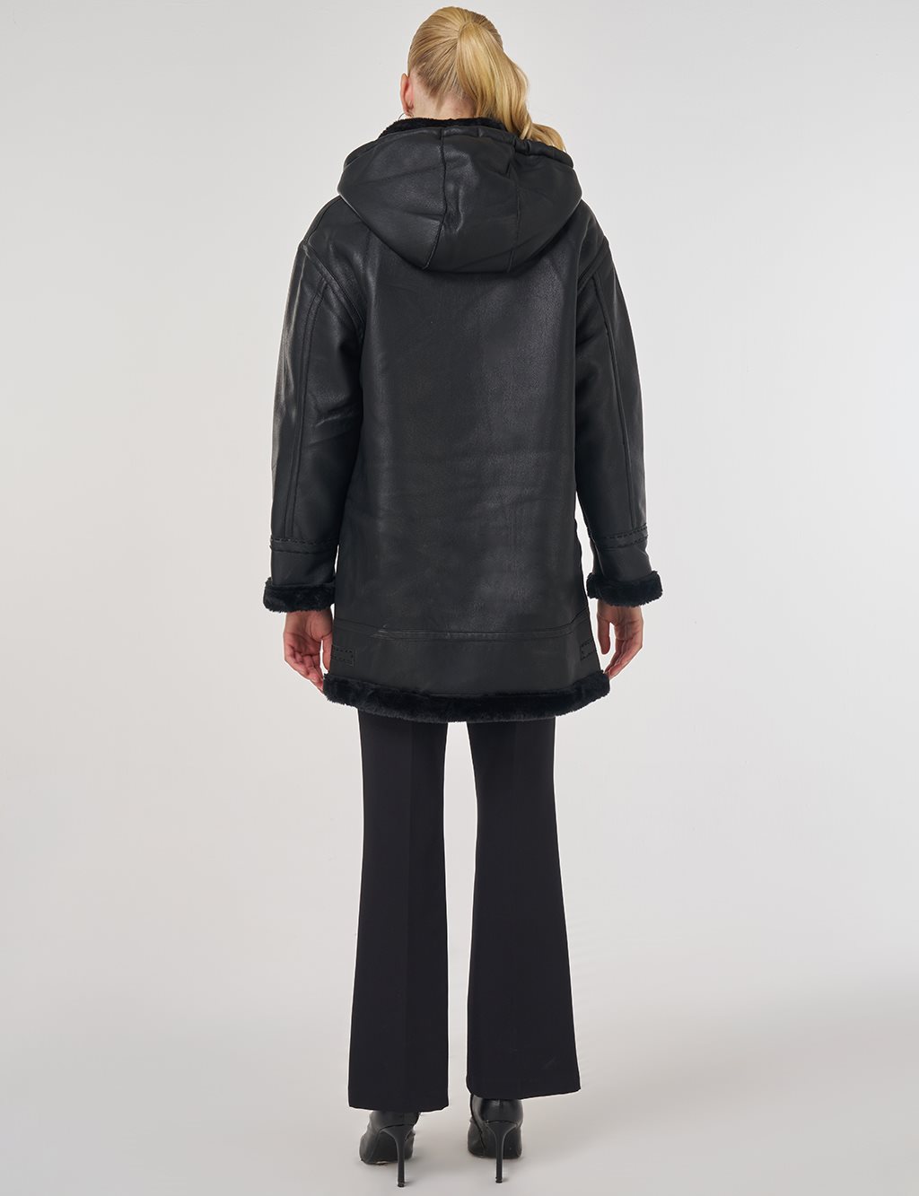 Faux Leather Coat with Belt Loops in Black