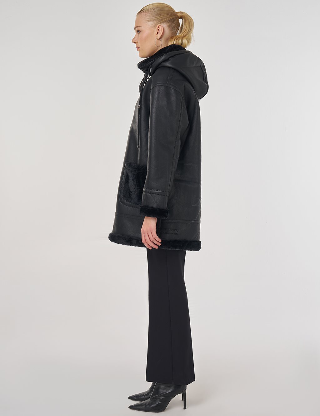 Faux Leather Coat with Belt Loops in Black