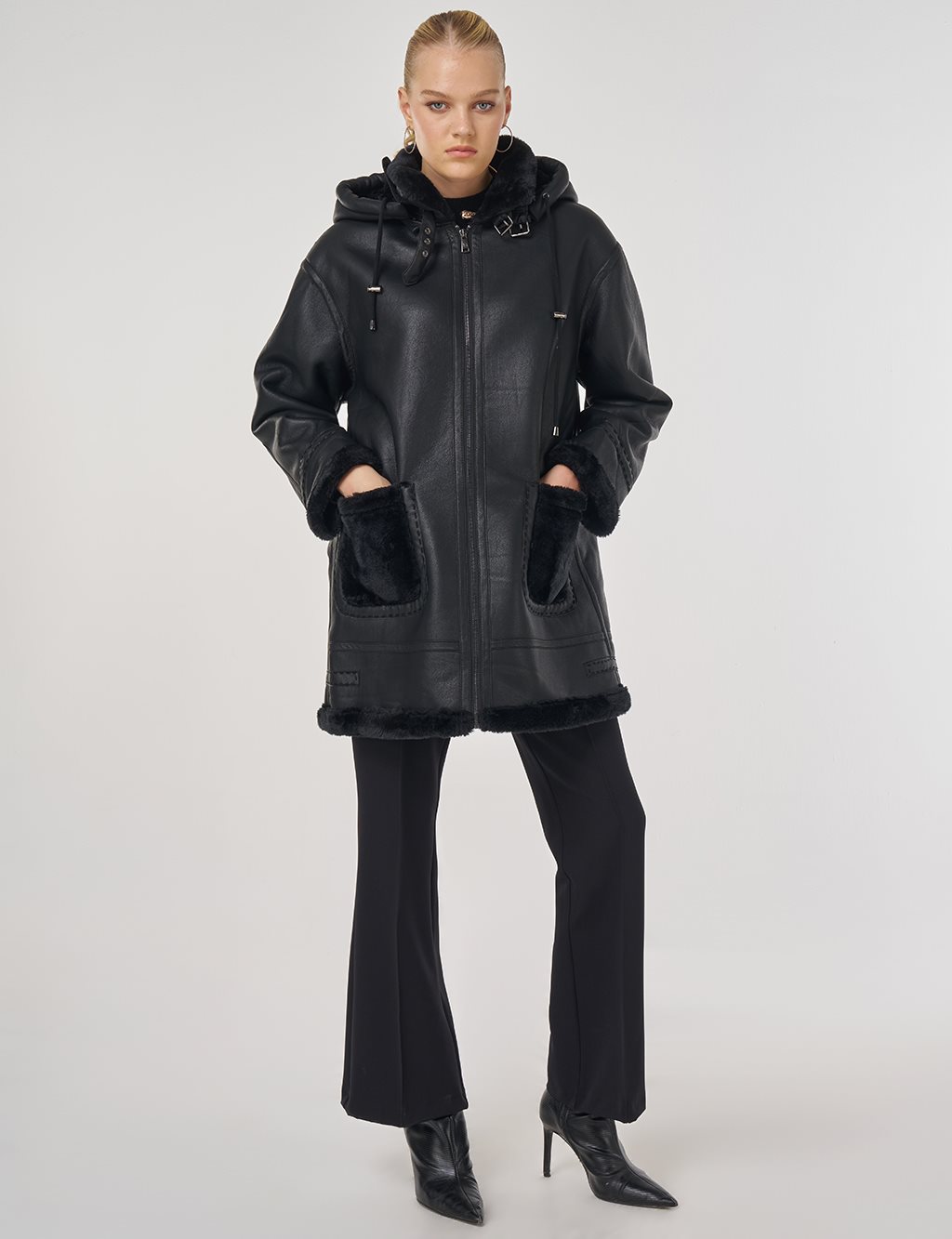 Faux Leather Coat with Belt Loops in Black
