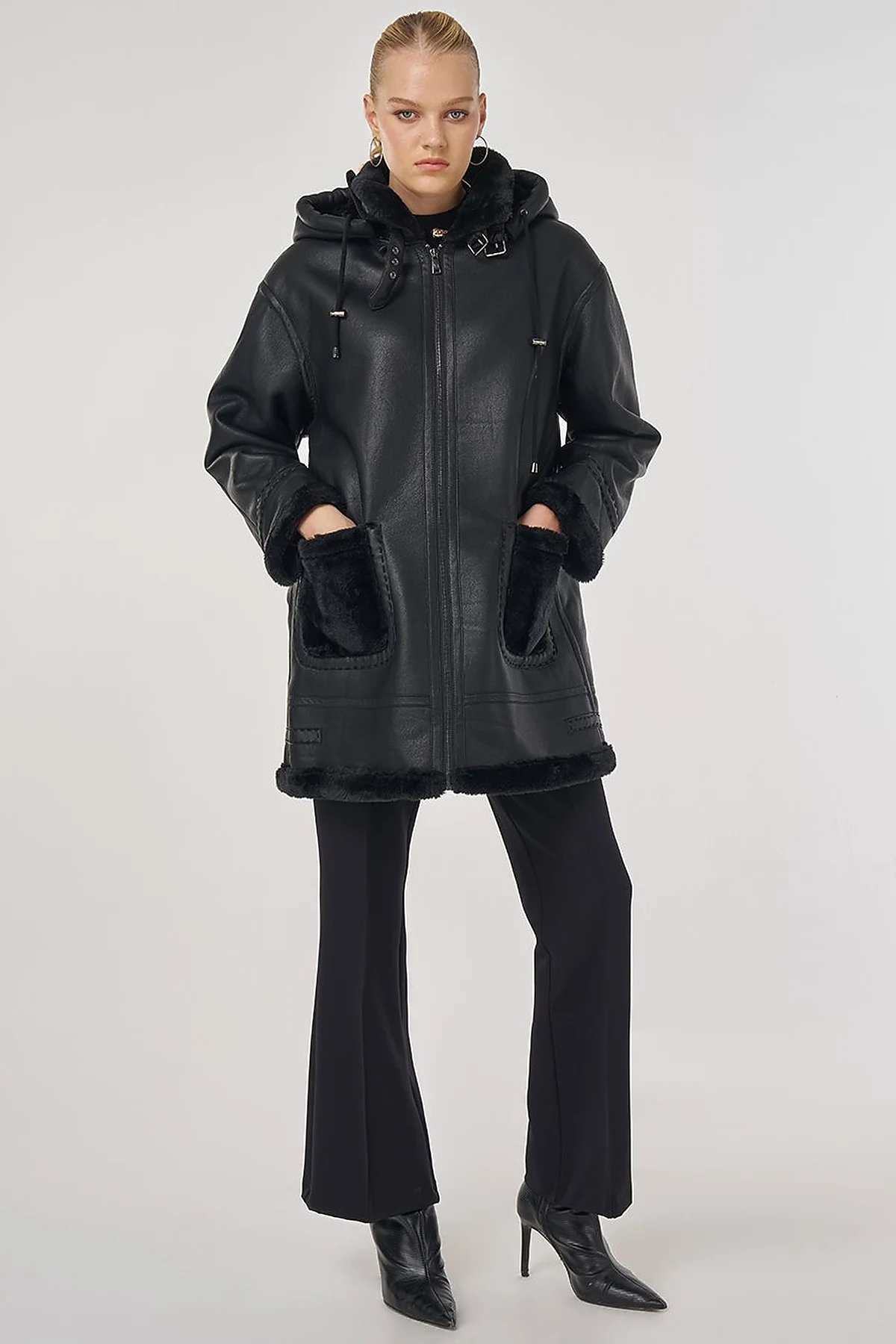 Faux Leather Coat with Belt Loops in Black