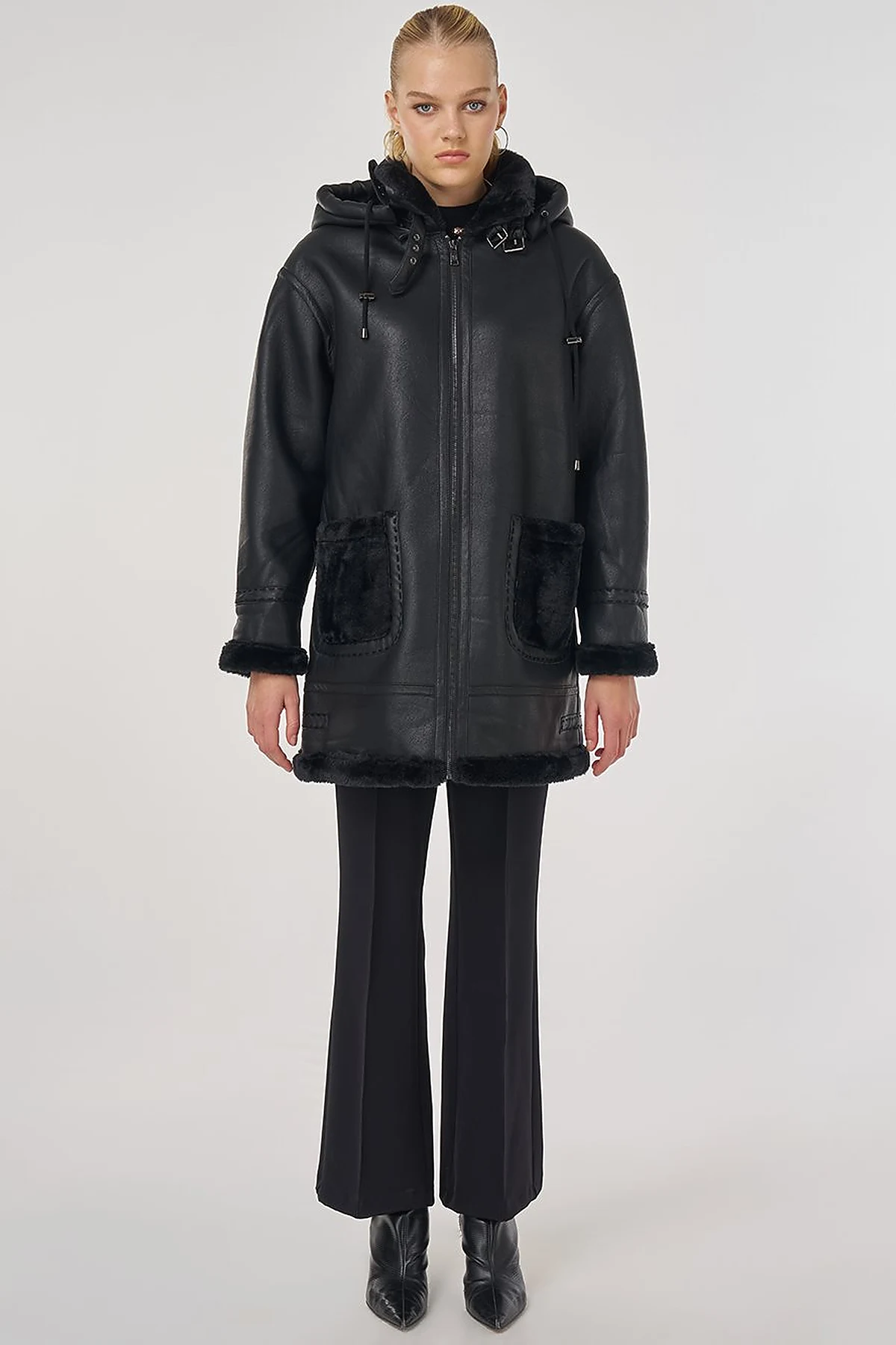 Faux Leather Coat with Belt Loops in Black