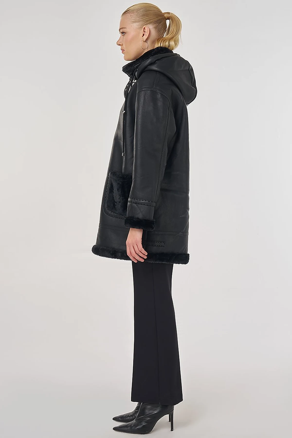 Faux Leather Coat with Belt Loops in Black