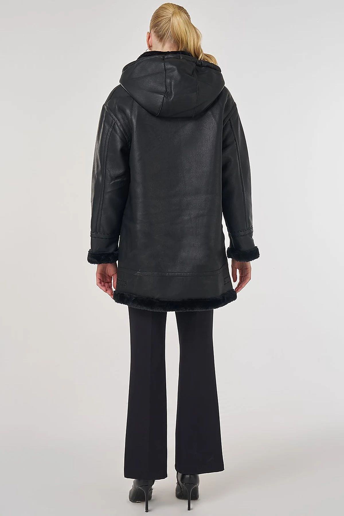 Faux Leather Coat with Belt Loops in Black