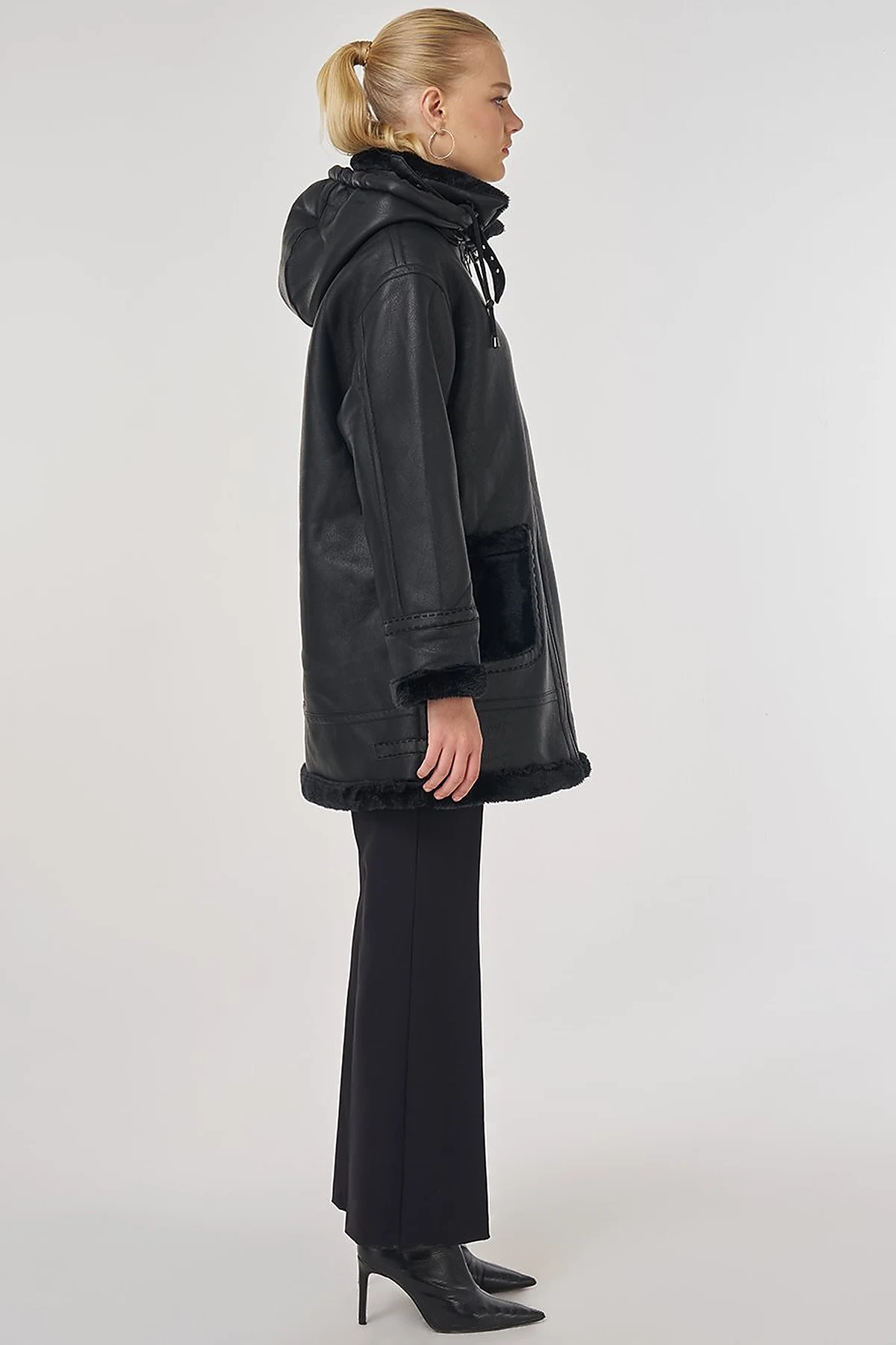 Faux Leather Coat with Belt Loops in Black