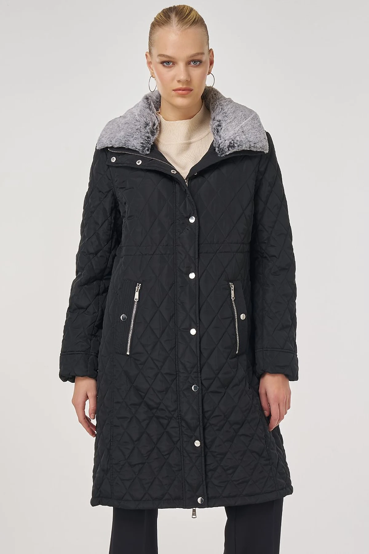 Fur Detailed Anorak Coat in Black