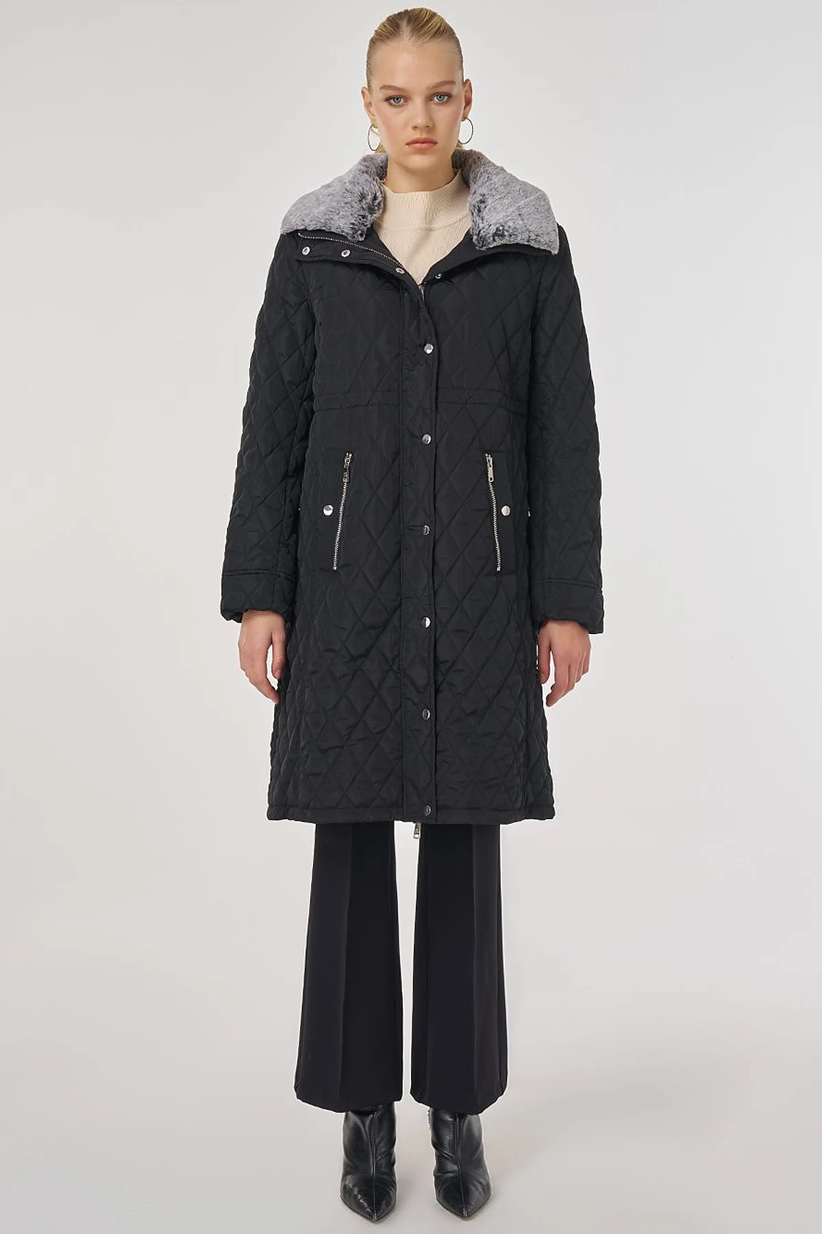 Fur Detailed Anorak Coat in Black