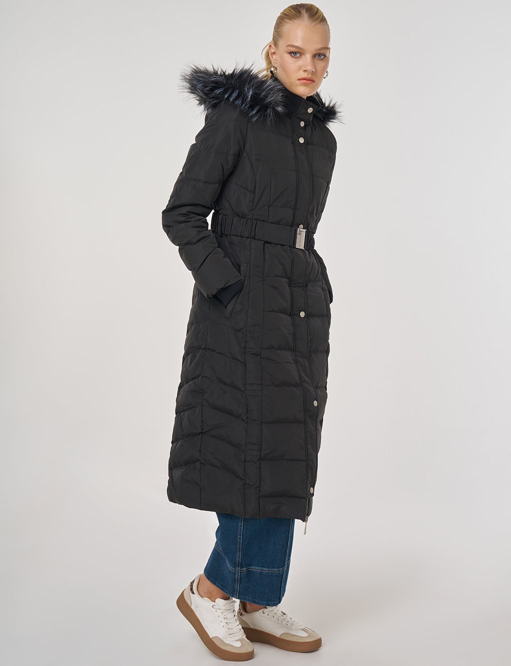 Faux Fur Trim Down Filled Coat Black