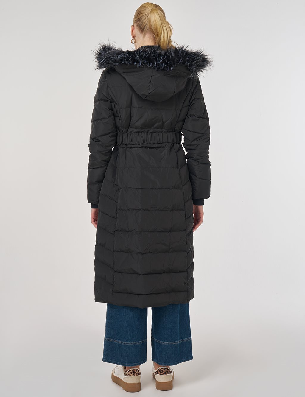 Faux Fur Trim Down Filled Coat Black