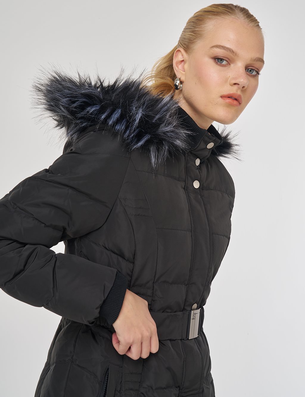 Faux Fur Trim Down Filled Coat Black