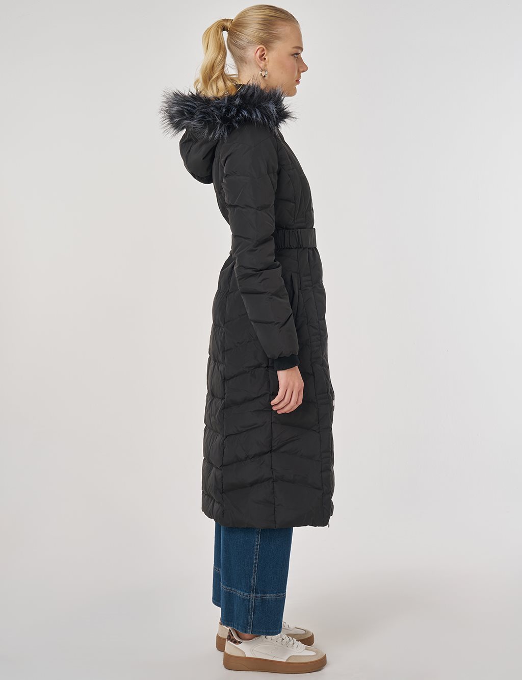 Faux Fur Trim Down Filled Coat Black
