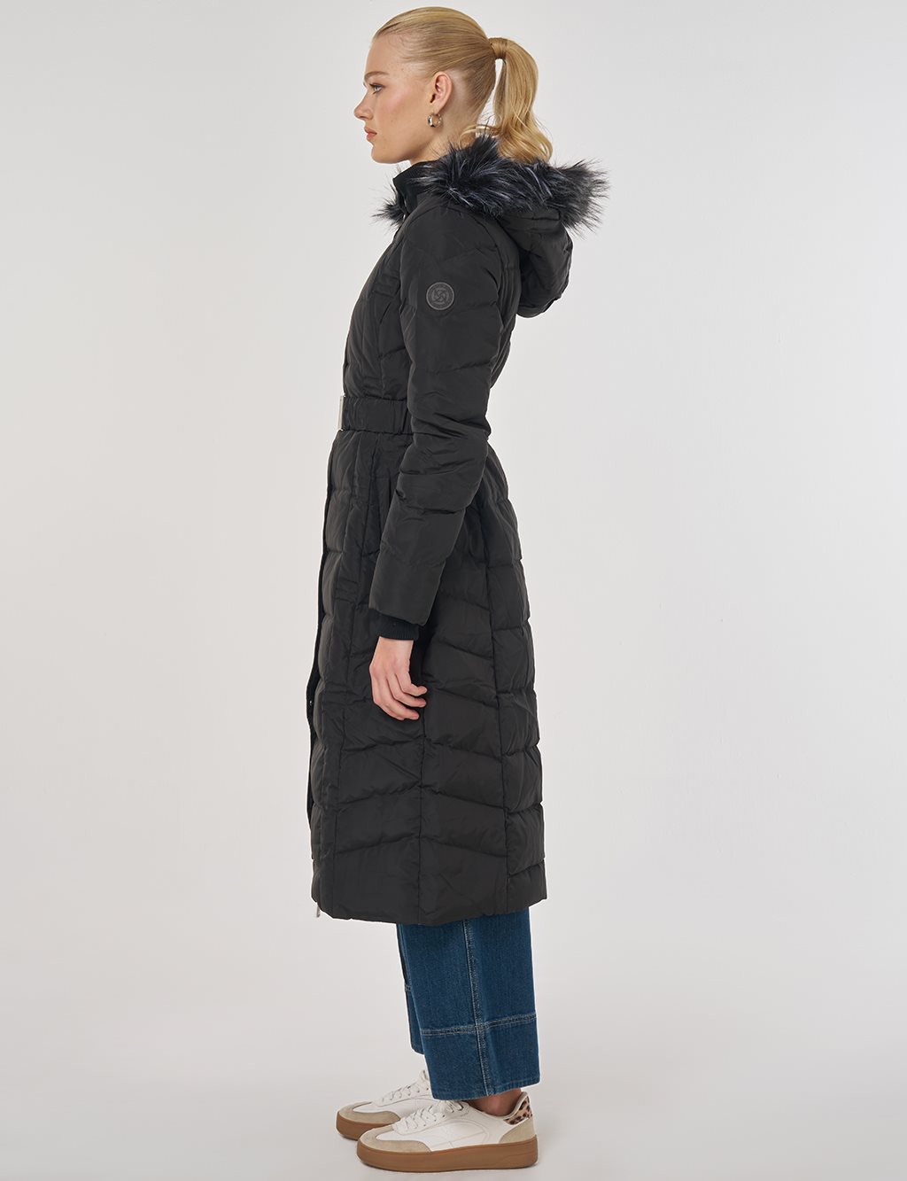 Faux Fur Trim Down Filled Coat Black