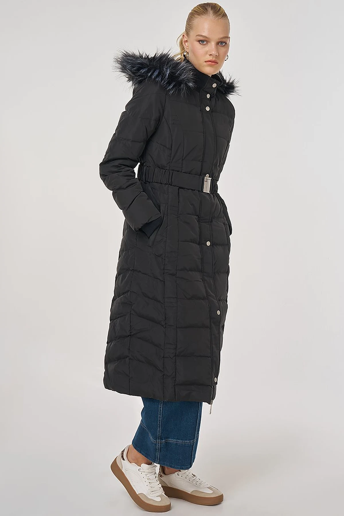 Faux Fur Trim Down Filled Coat Black