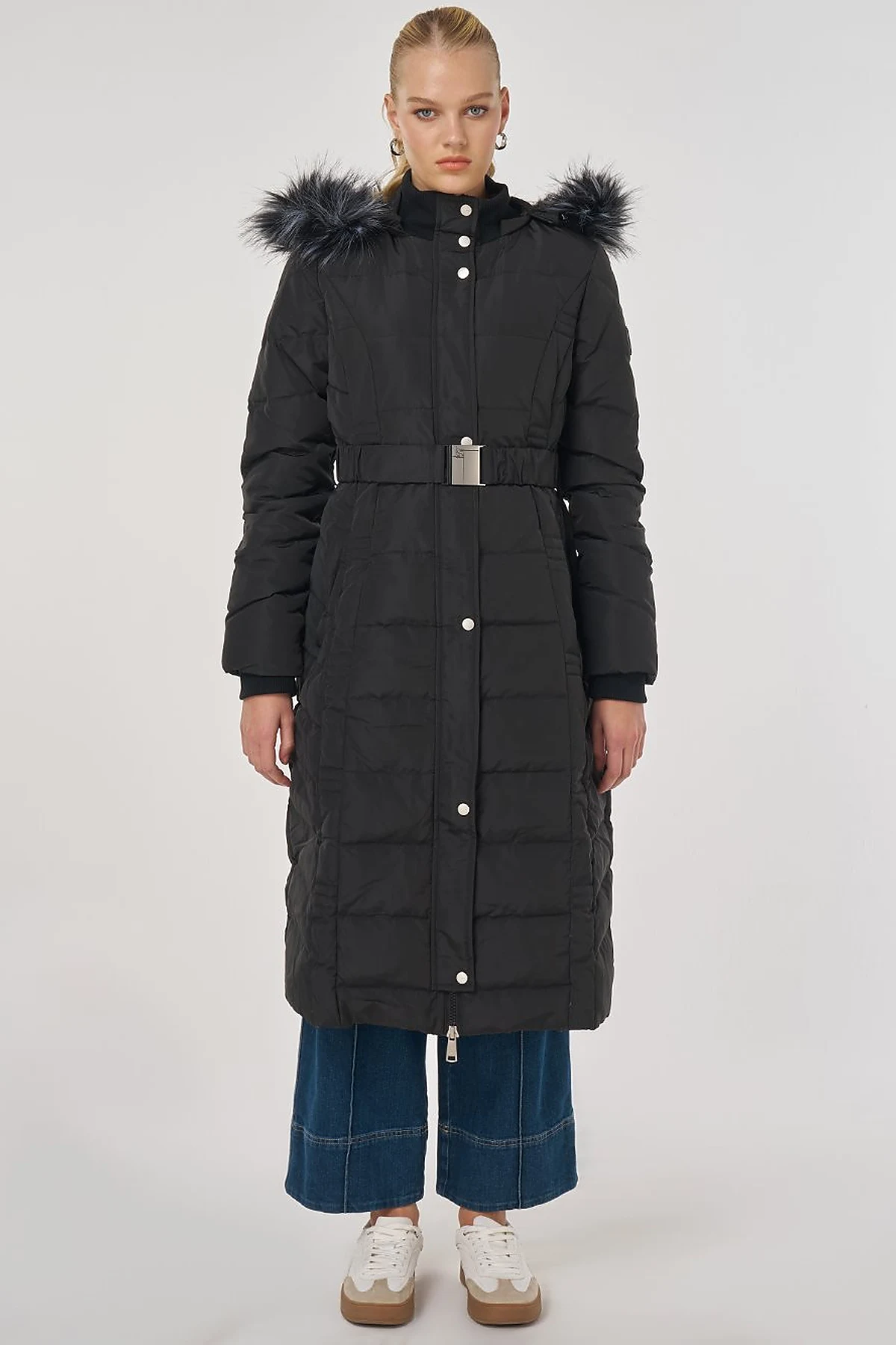 Faux Fur Trim Down Filled Coat Black