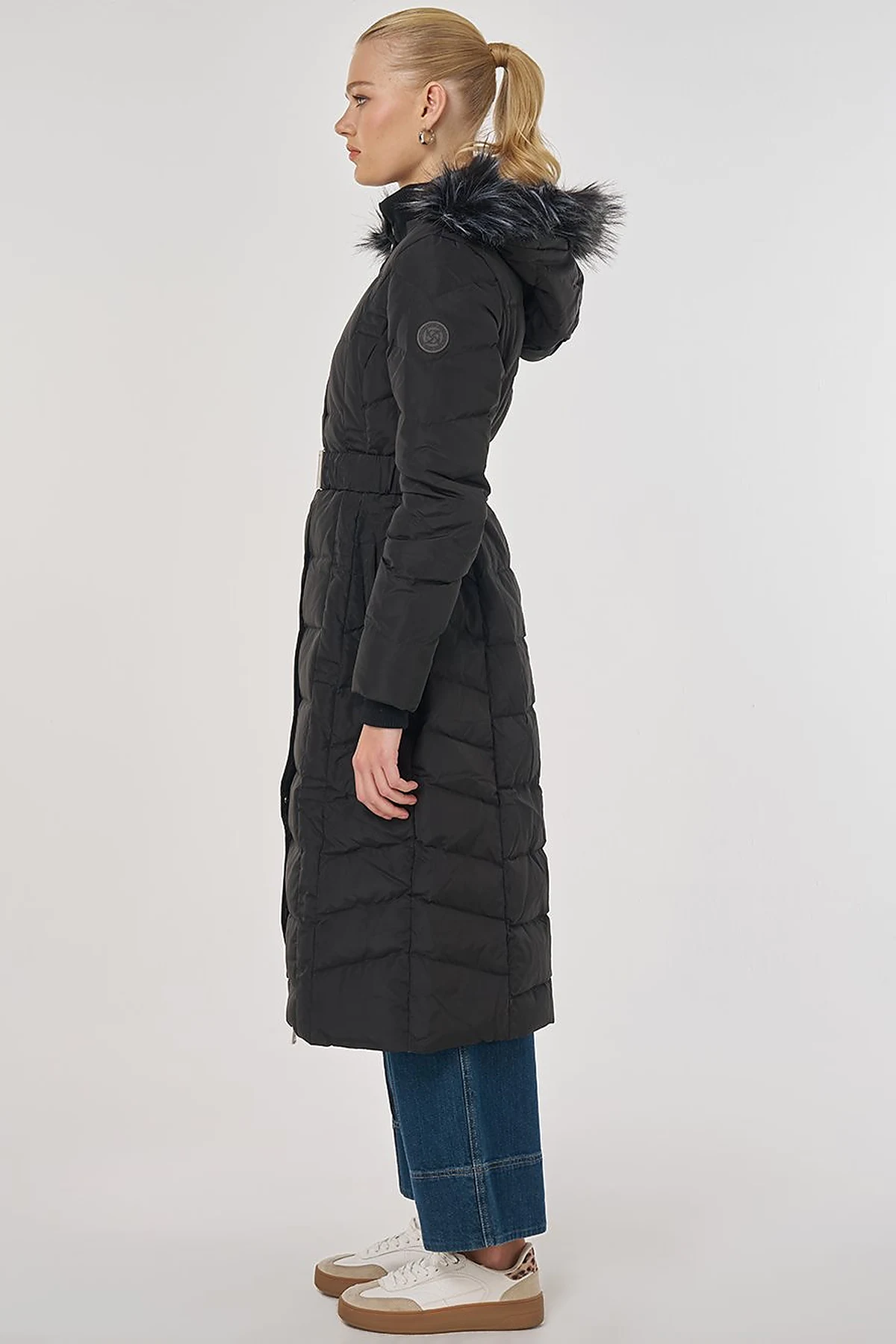 Faux Fur Trim Down Filled Coat Black
