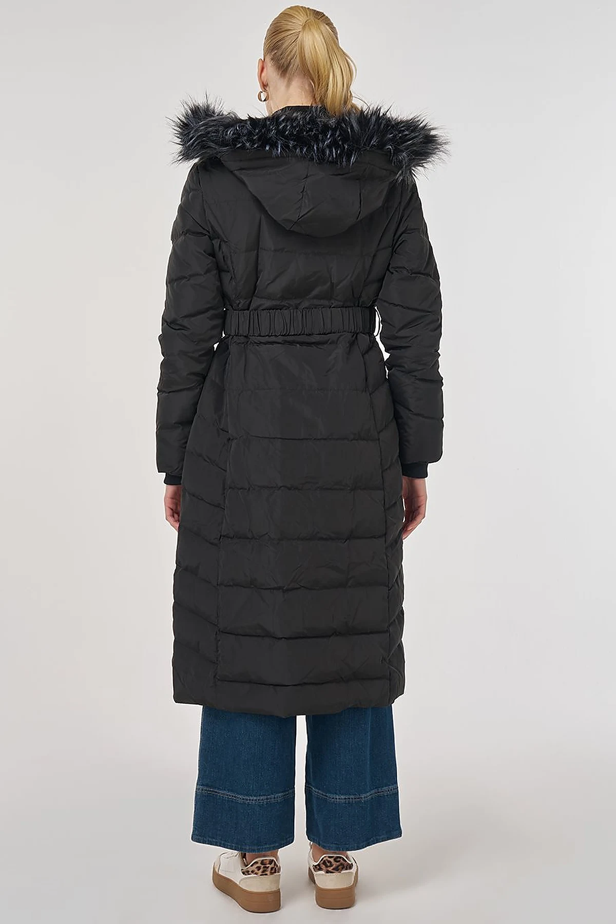 Faux Fur Trim Down Filled Coat Black