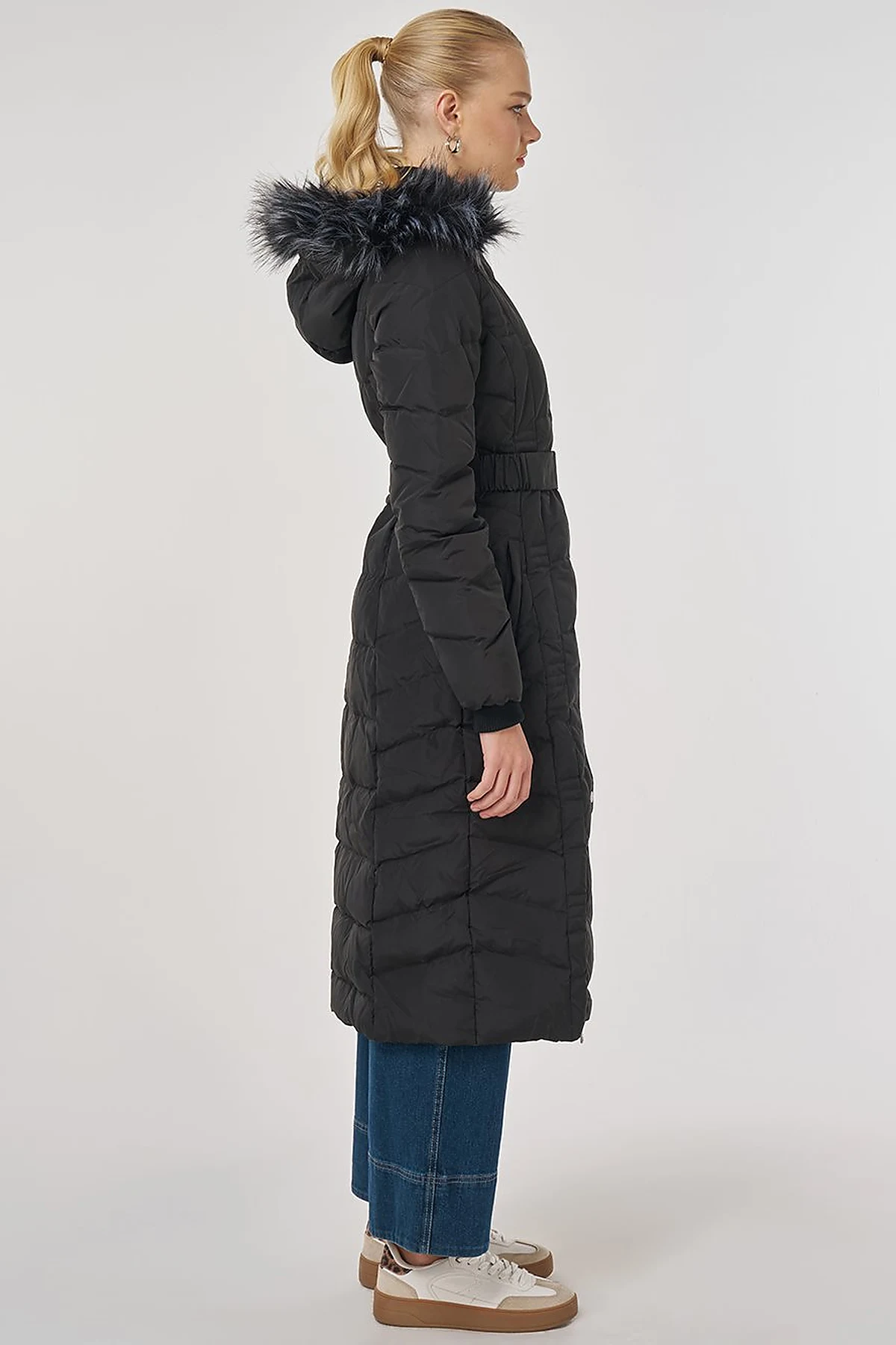 Faux Fur Trim Down Filled Coat Black