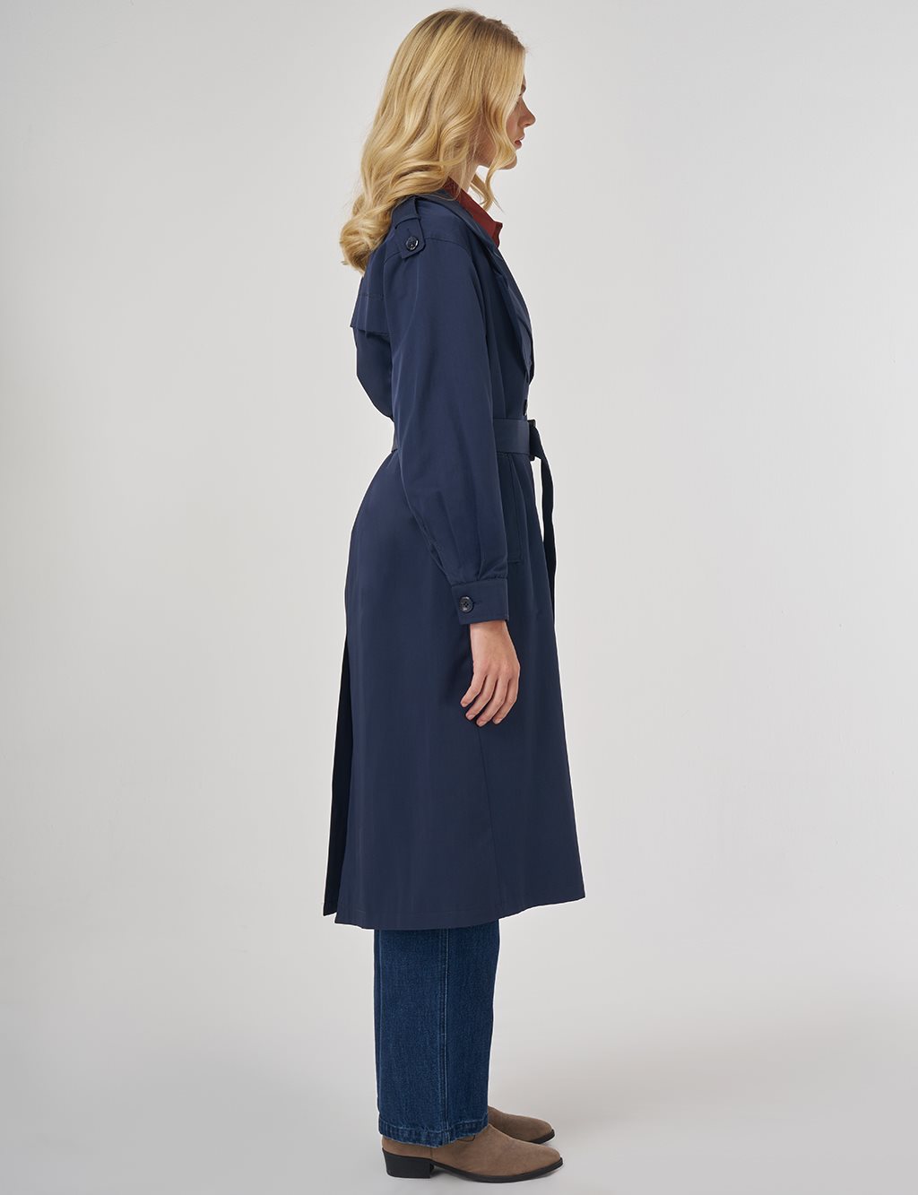 Apolet Detaylı Kuşaklı Trençkot Koyu Lacivert 