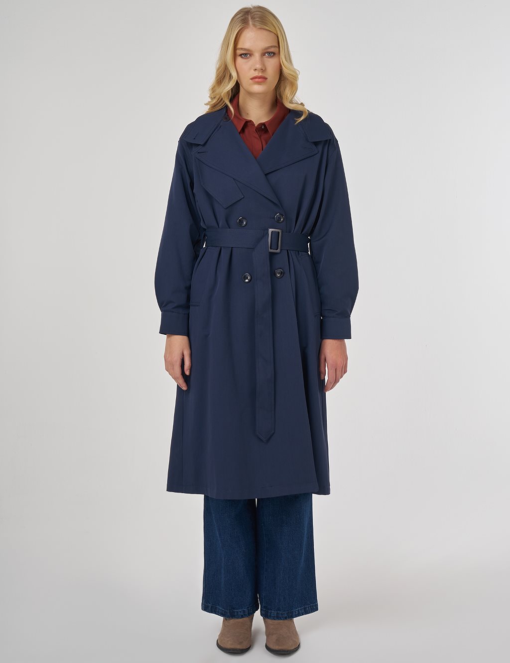 Apolet Detaylı Kuşaklı Trençkot Koyu Lacivert 