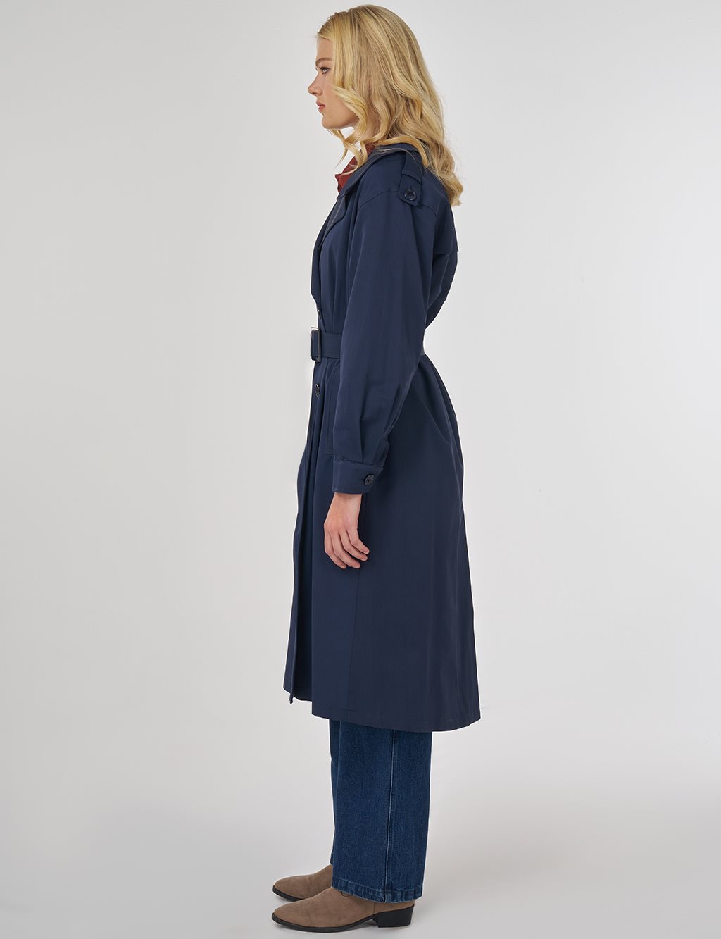 Apolet Detaylı Kuşaklı Trençkot Koyu Lacivert 