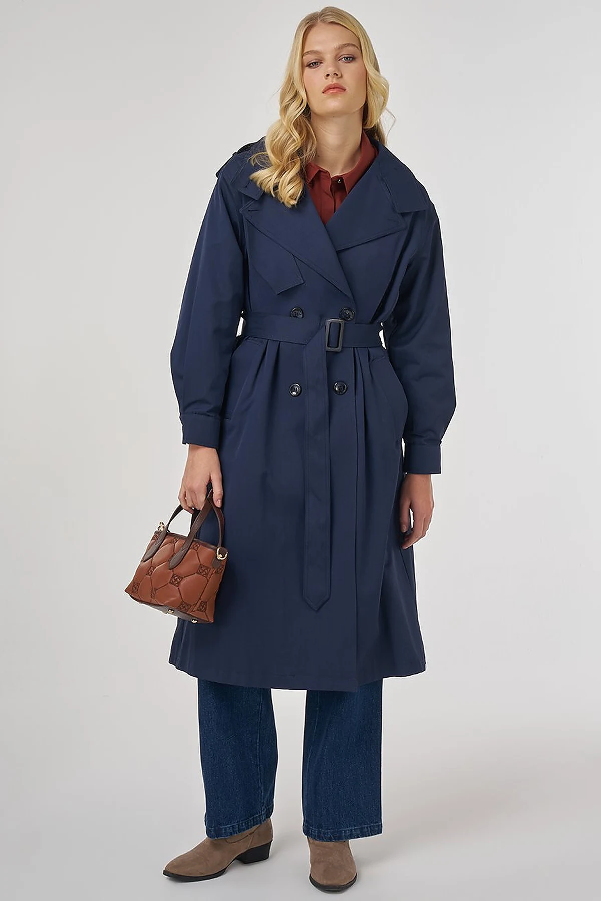 Belted Trench Coat with Epaulette Detail Dark Navy
