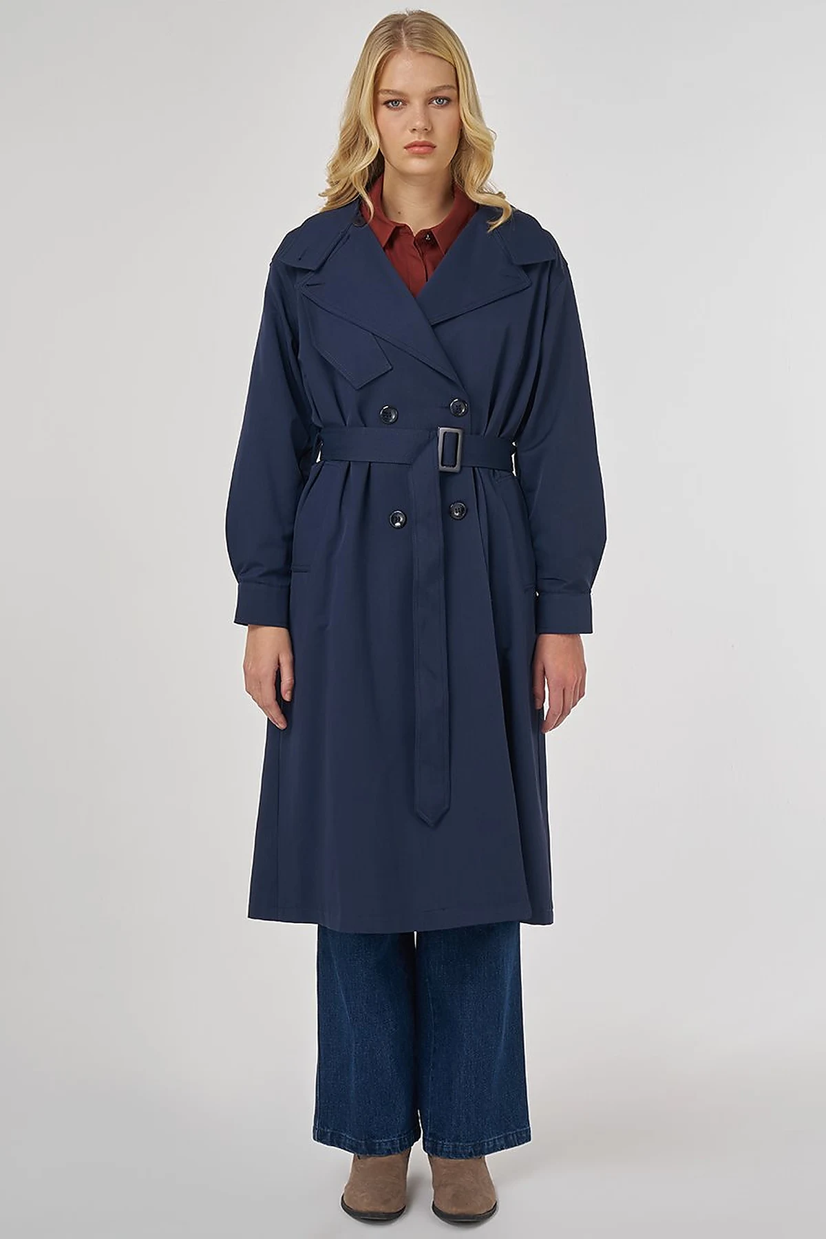 Belted Trench Coat with Epaulette Detail Dark Navy