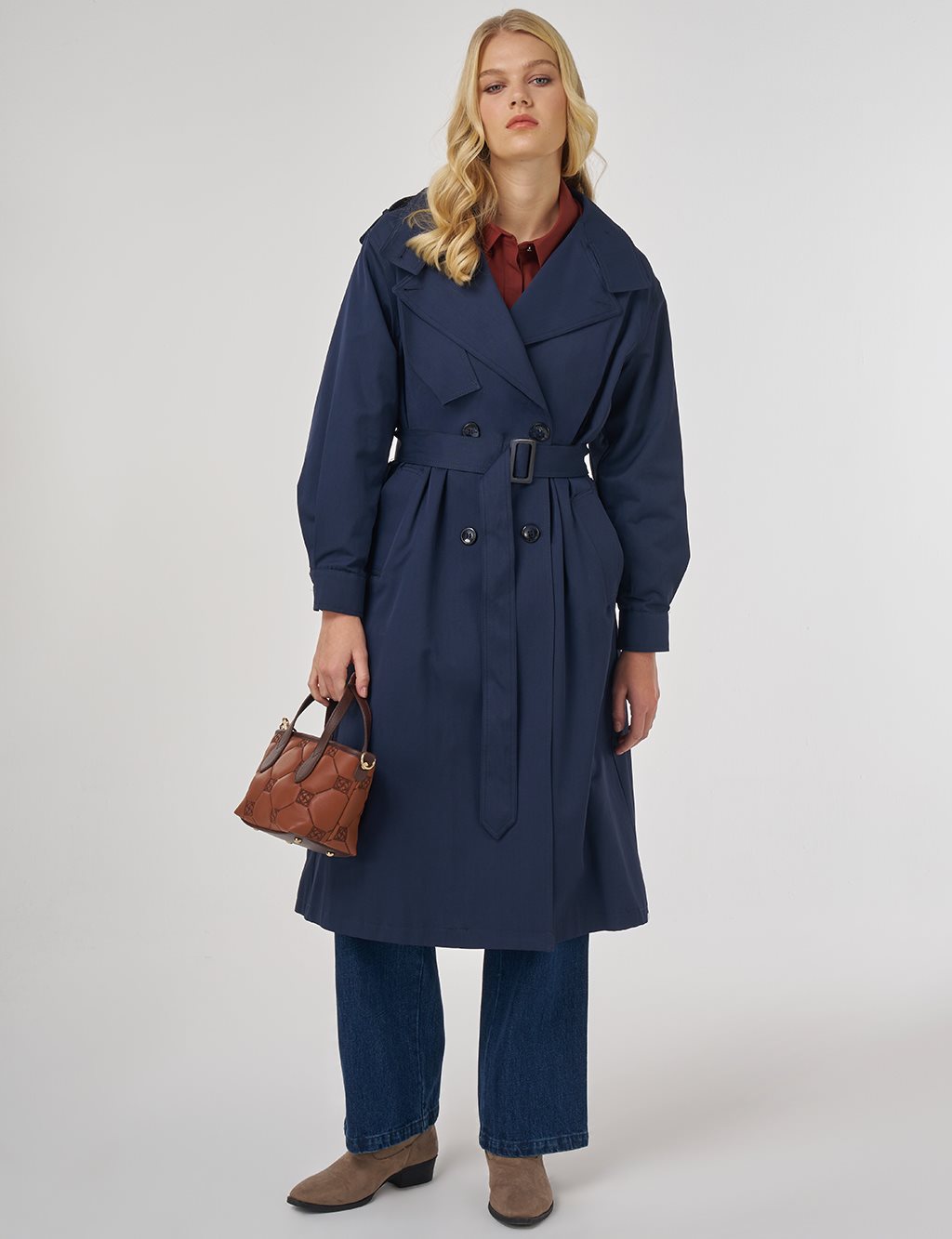 Apolet Detaylı Kuşaklı Trençkot Koyu Lacivert 