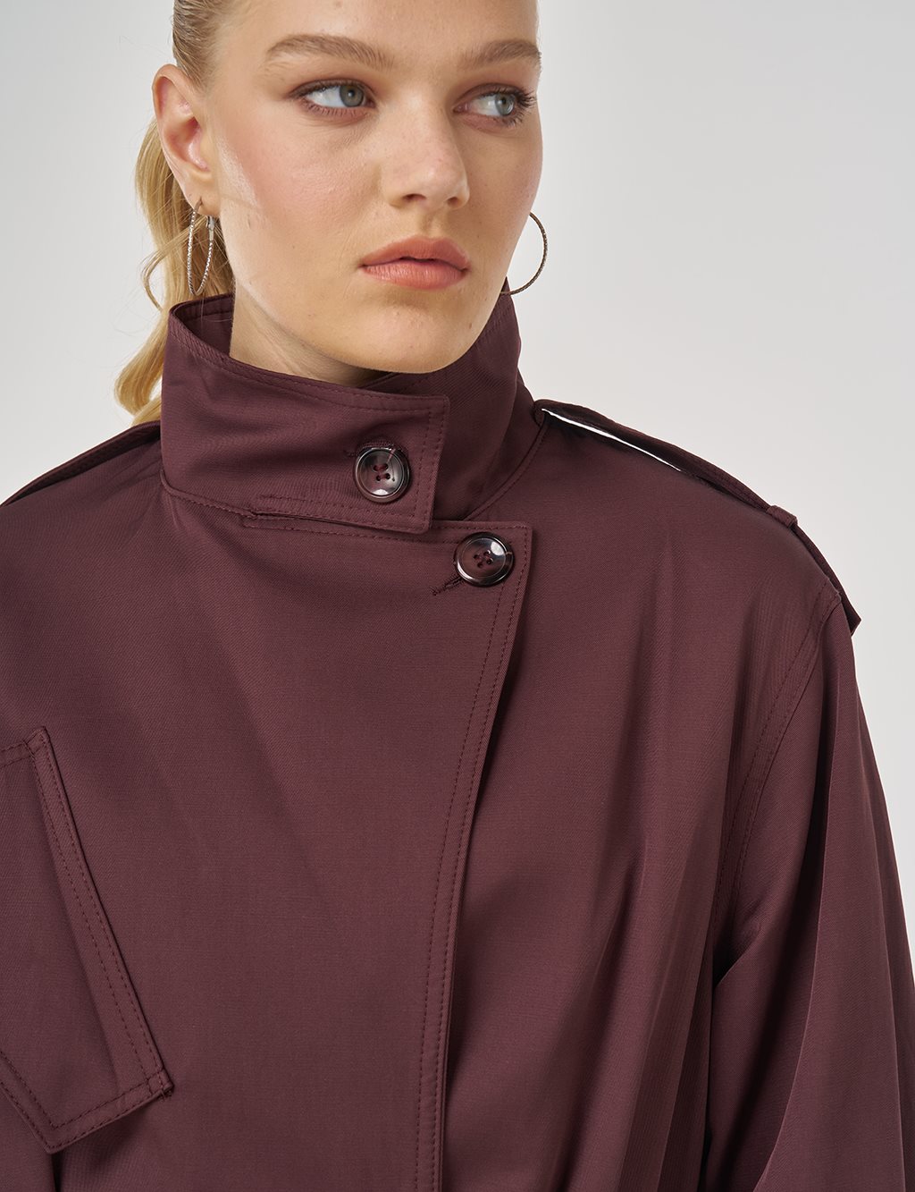 Belted Trench Coat with Epaulette Detail Dark Burgundy