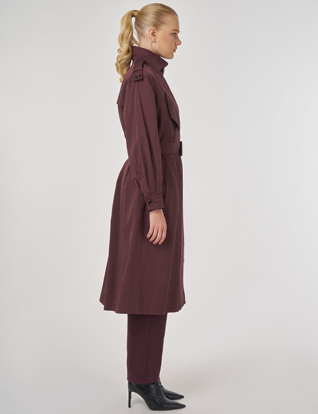 Belted Trench Coat with Epaulette Detail Dark Burgundy