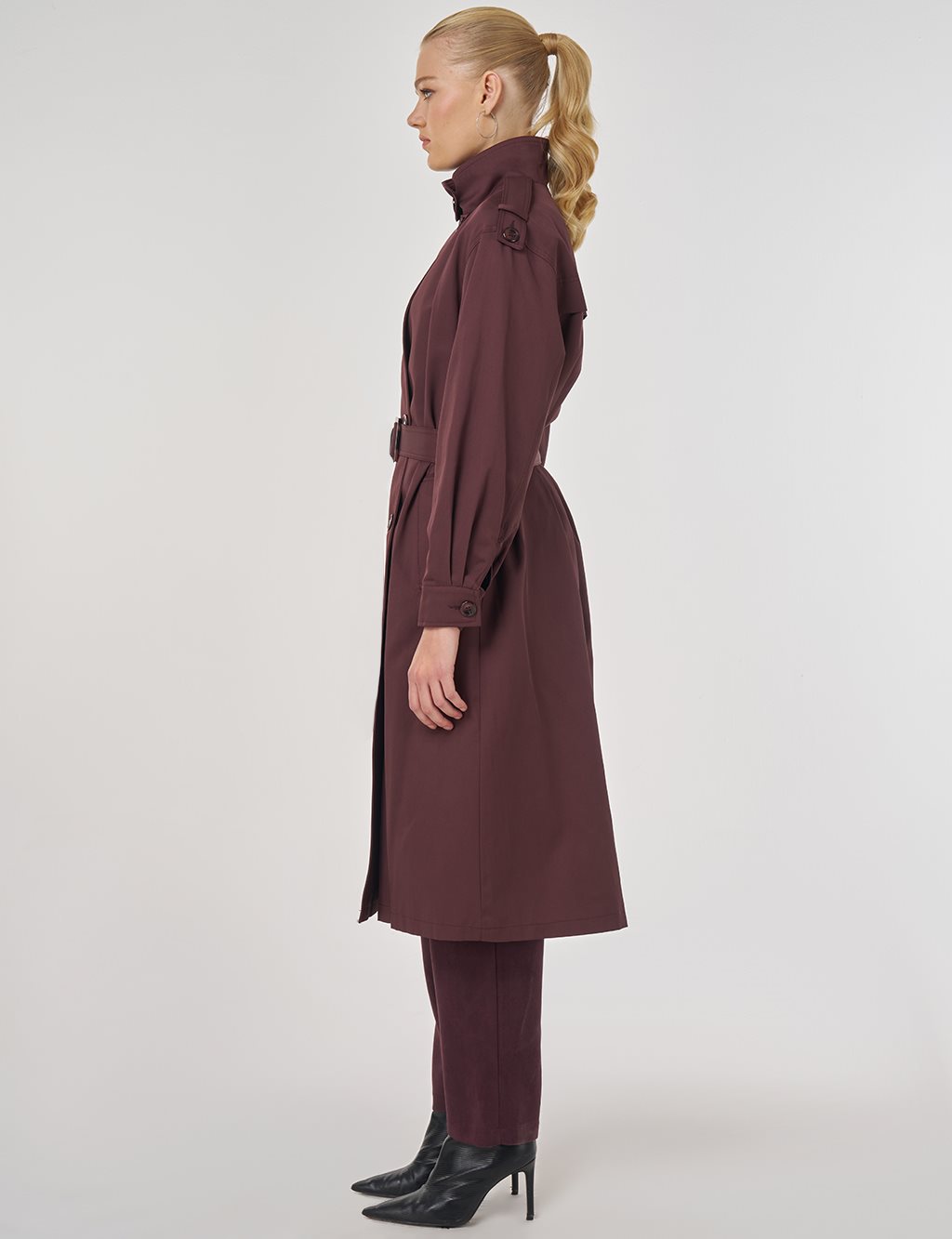 Belted Trench Coat with Epaulette Detail Dark Burgundy