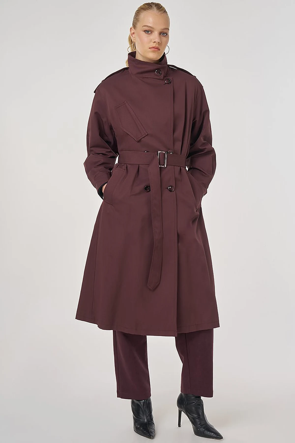 Belted Trench Coat with Epaulette Detail Dark Burgundy
