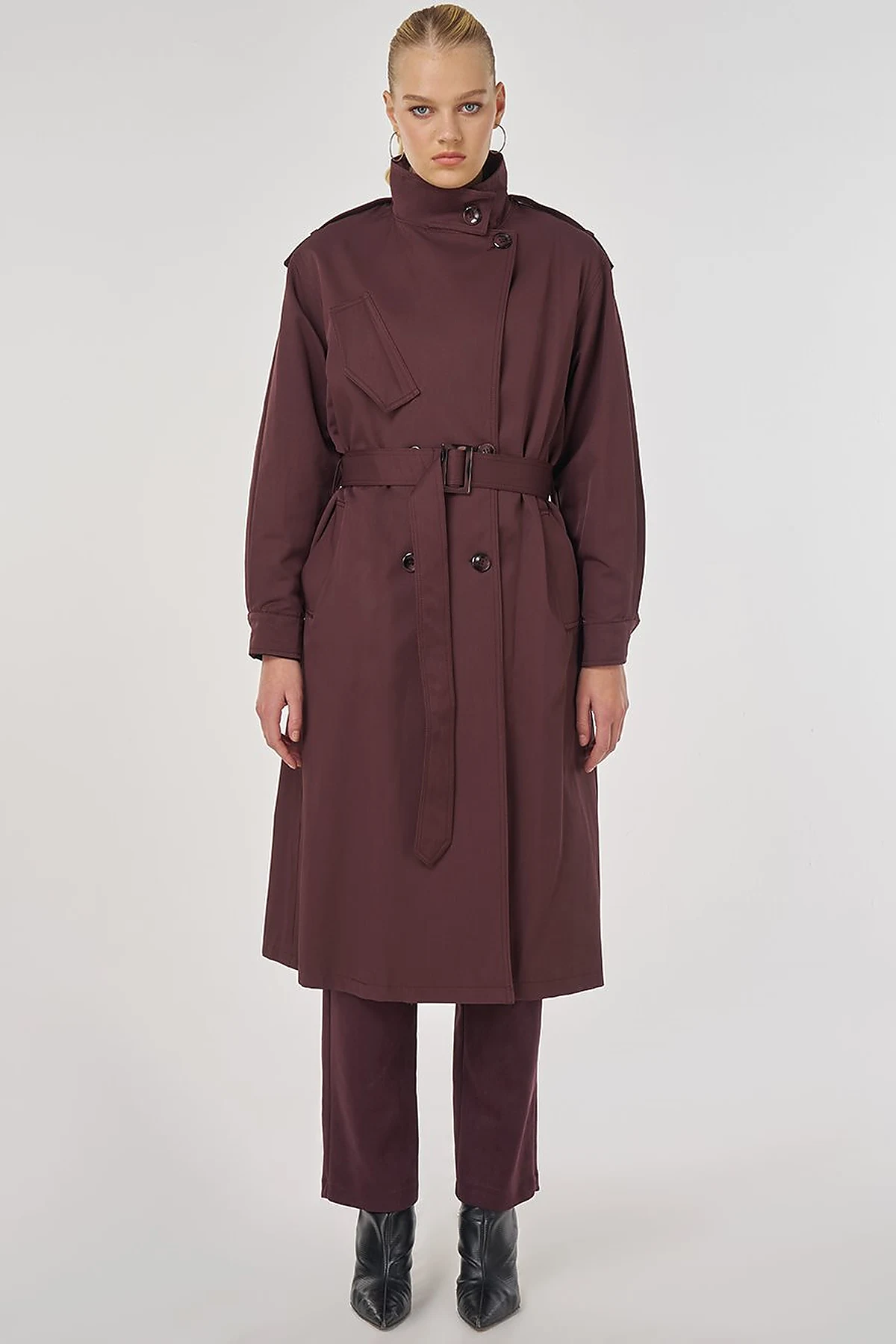 Belted Trench Coat with Epaulette Detail Dark Burgundy