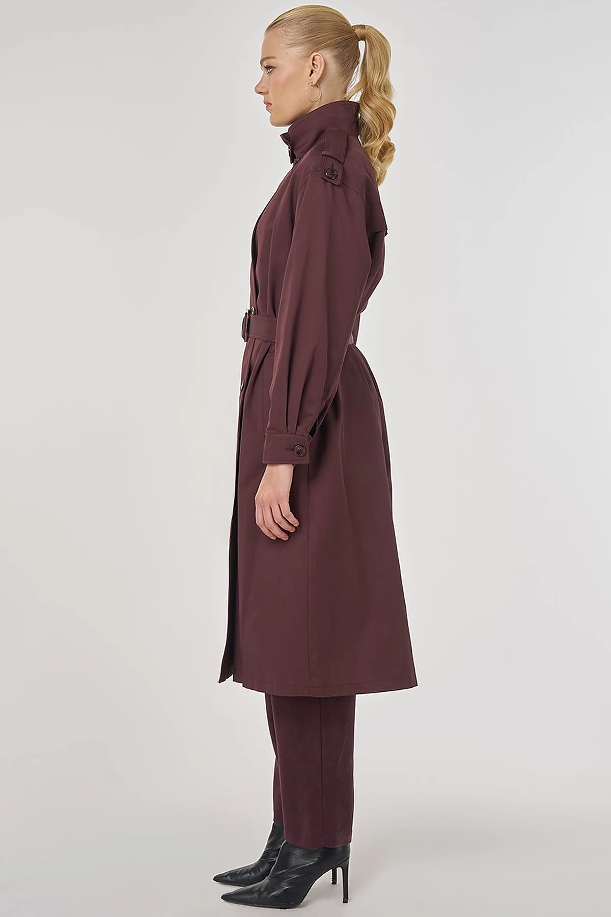 Belted Trench Coat with Epaulette Detail Dark Burgundy