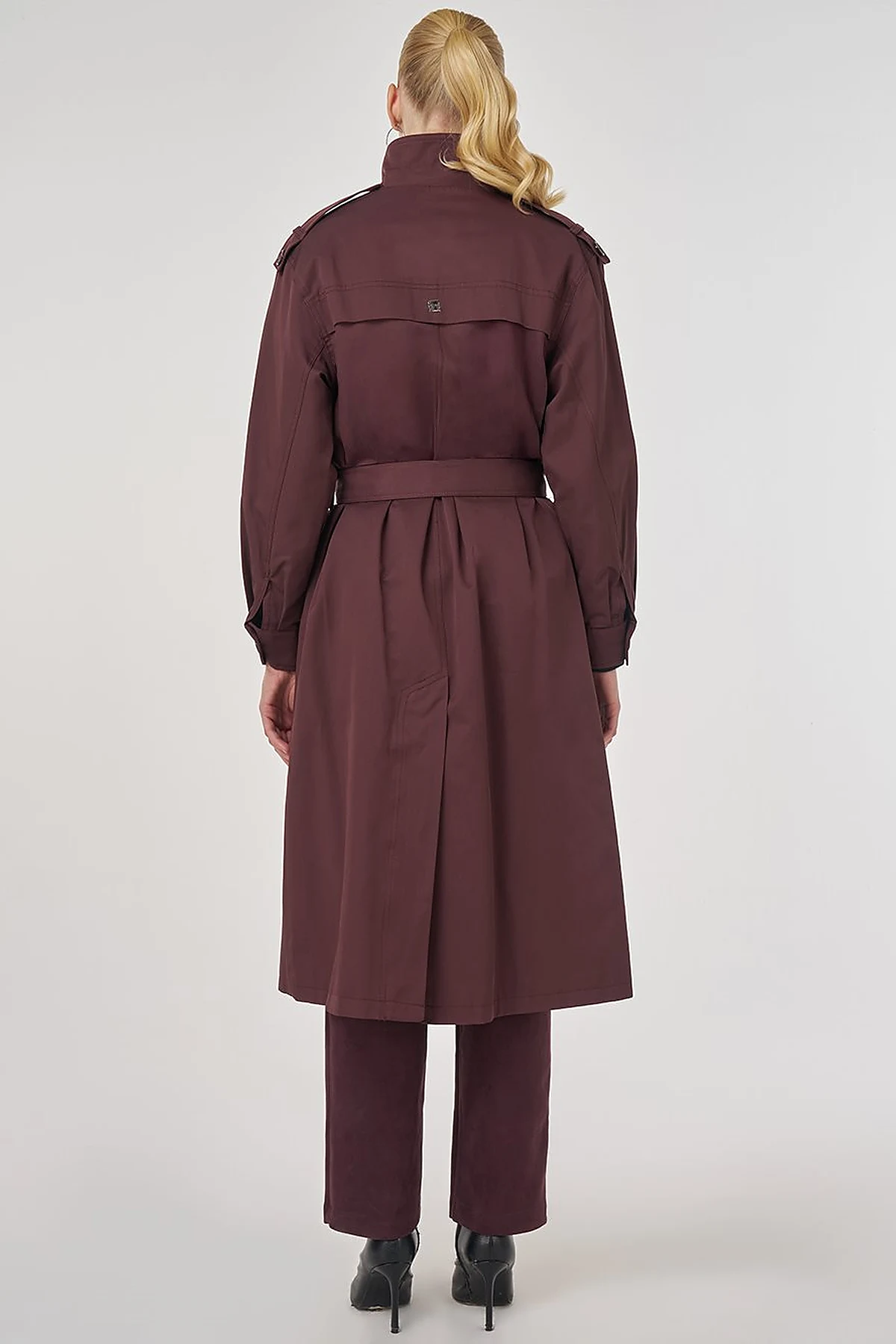 Belted Trench Coat with Epaulette Detail Dark Burgundy