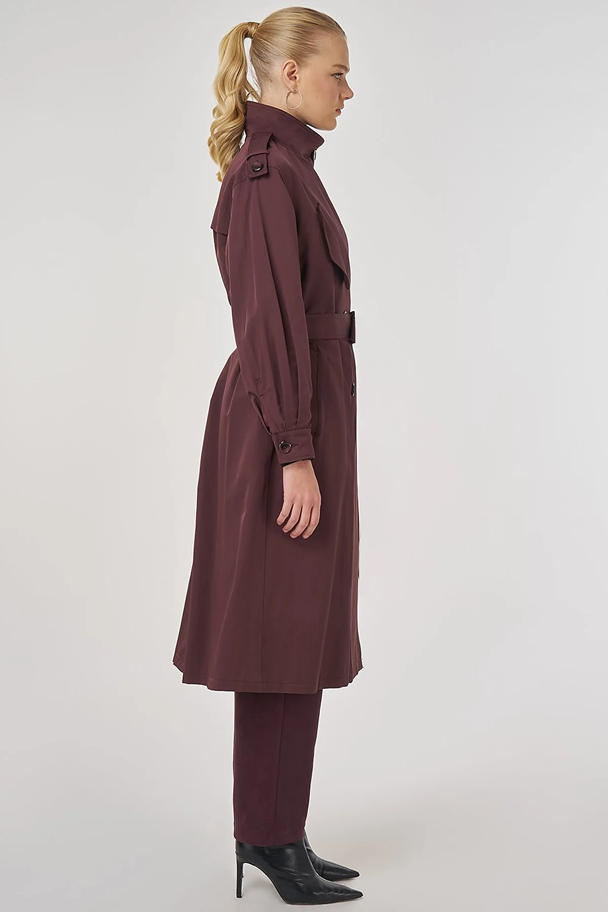 Belted Trench Coat with Epaulette Detail Dark Burgundy