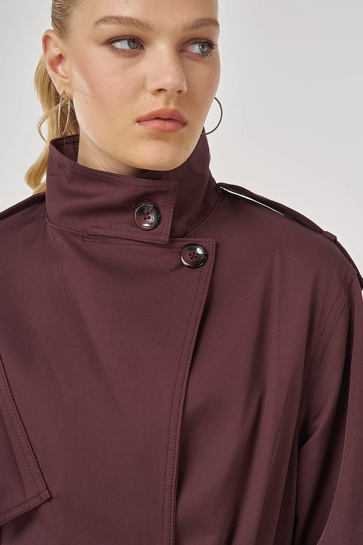 Belted Trench Coat with Epaulette Detail Dark Burgundy