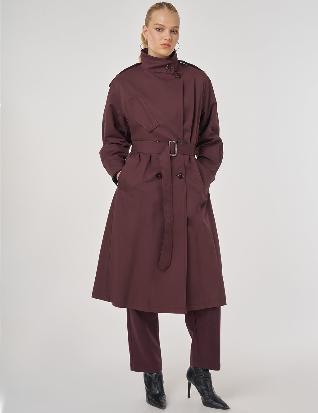 Belted Trench Coat with Epaulette Detail Dark Burgundy